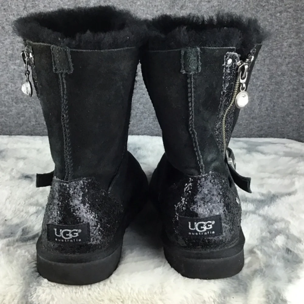 Rare UGG Glitter Moto Black Boots with‎ Buckle and Zipper Size 8